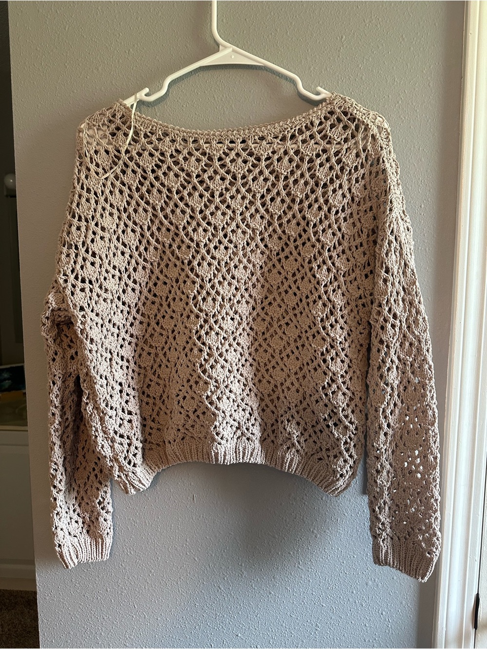 Women’s Open-Knit Crewneck Sweater in Taupe